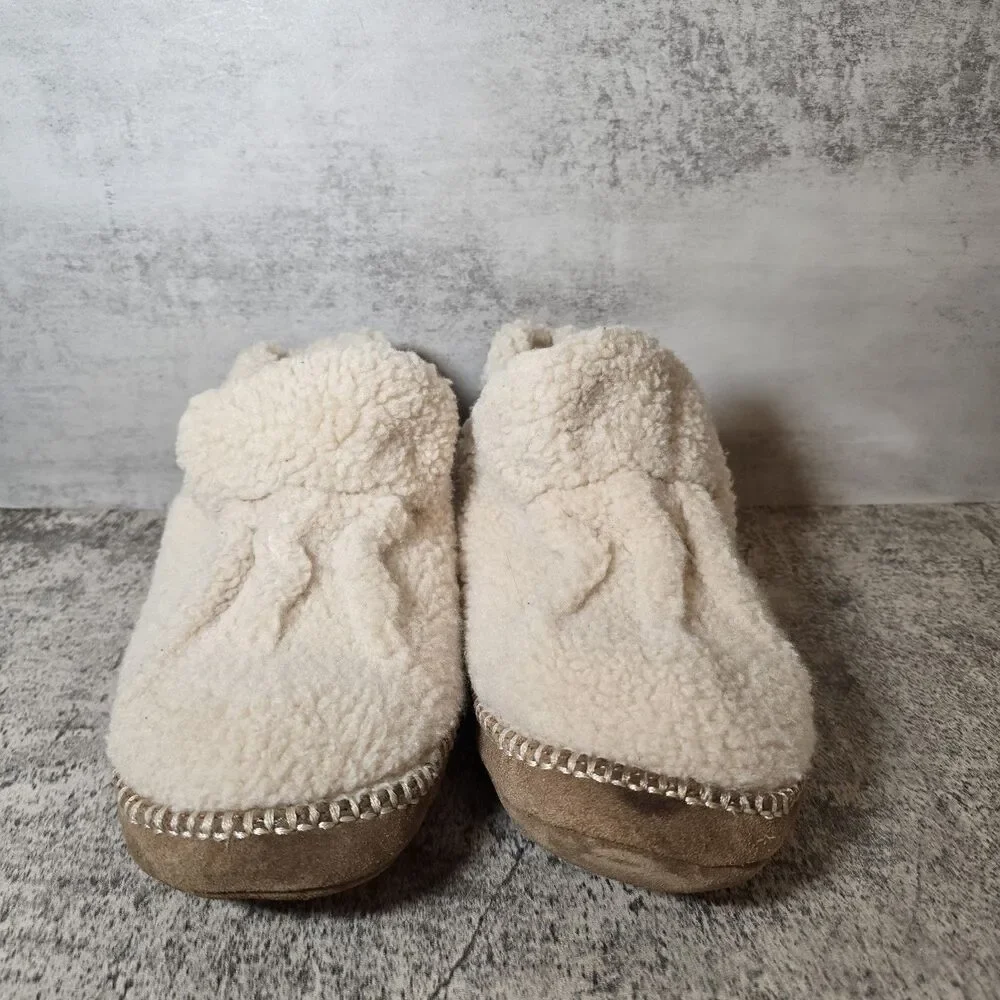 LL Bean Cozy Slippers Cream Pile Fleece Sherpa Comfort Booties Kids Sz 5-6